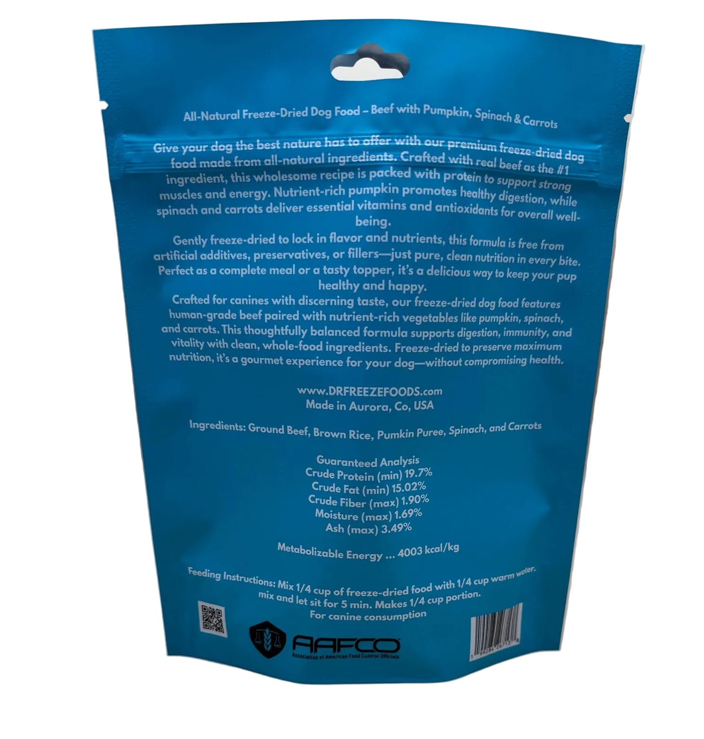 Freeze Dried Dog Food - Homestyle Beef and Rice w/ pumpkin, carrots, and spinach.