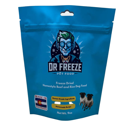 Freeze Dried Dog Food - Homestyle Beef and Rice w/ pumpkin, carrots, and spinach.