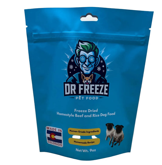 Freeze Dried Dog Food - Homestyle Beef and Rice w/ pumpkin, carrots, and spinach.
